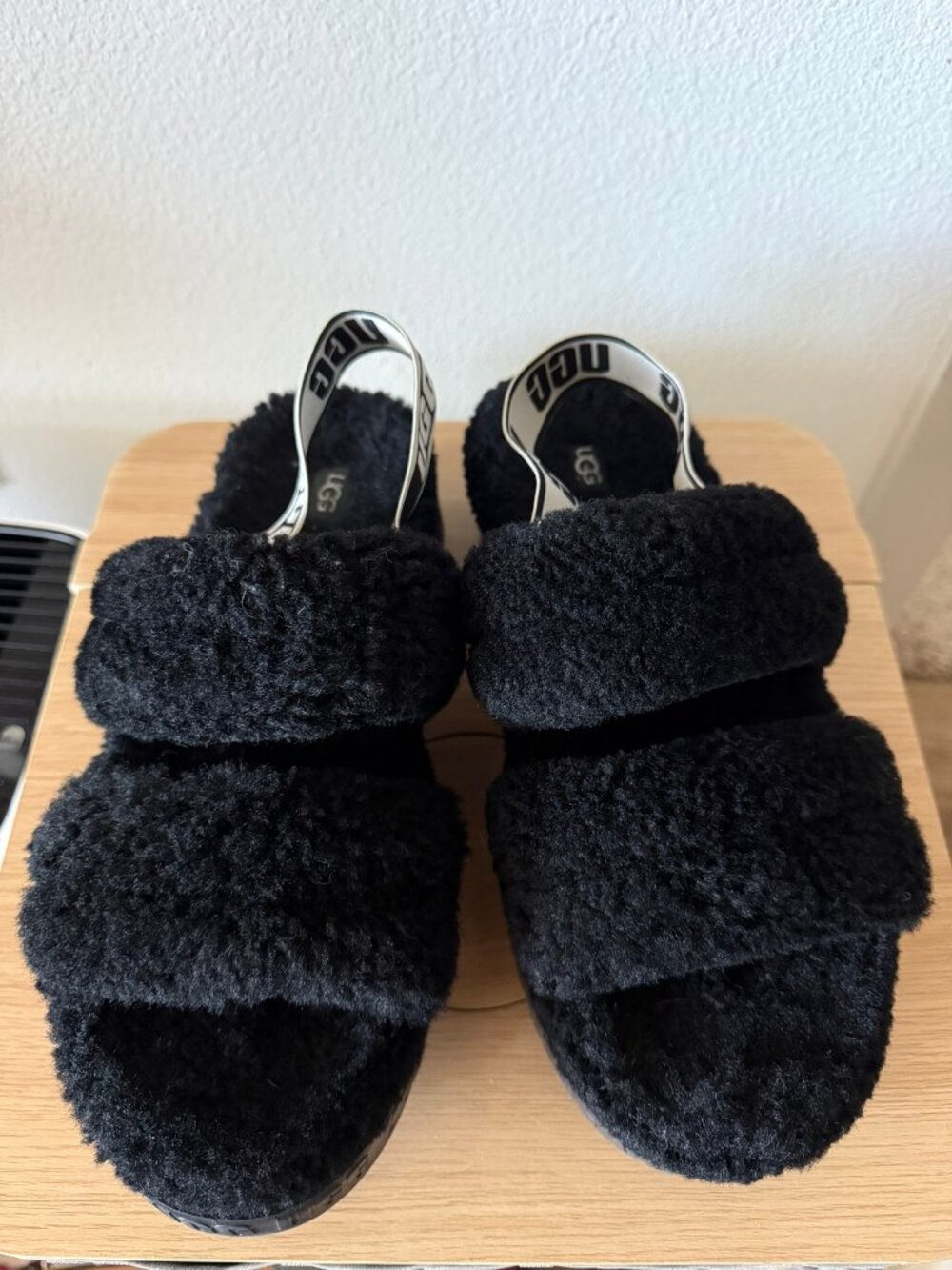 UGG Disco Cross Slide Black Platform Fluff Sandals Women's 11